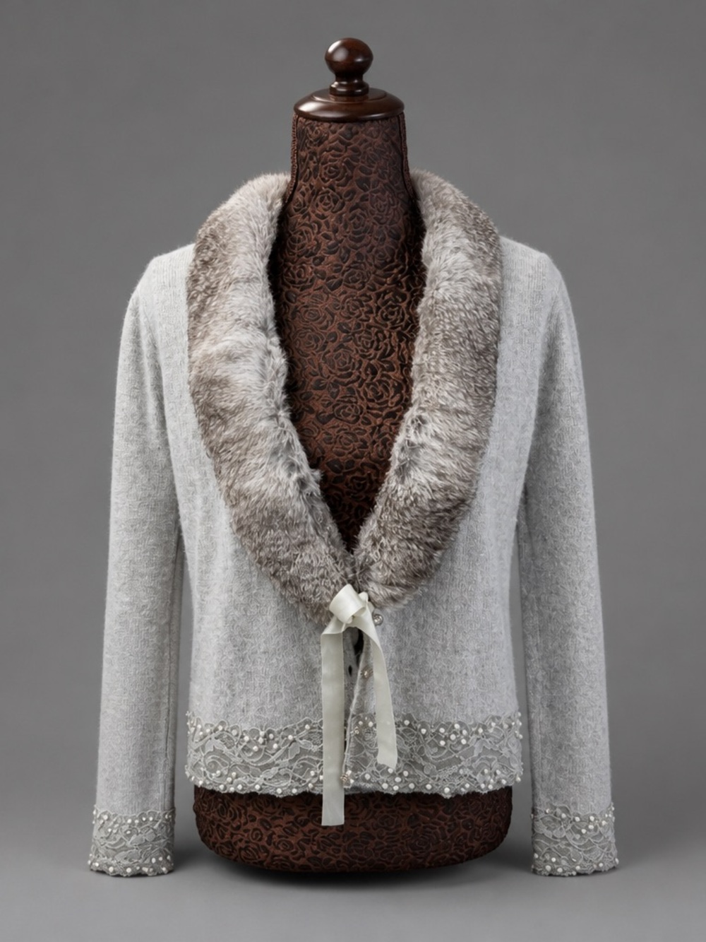 Soft Gray Faux-Fur Collar Women's Cardigan with Lace Trim